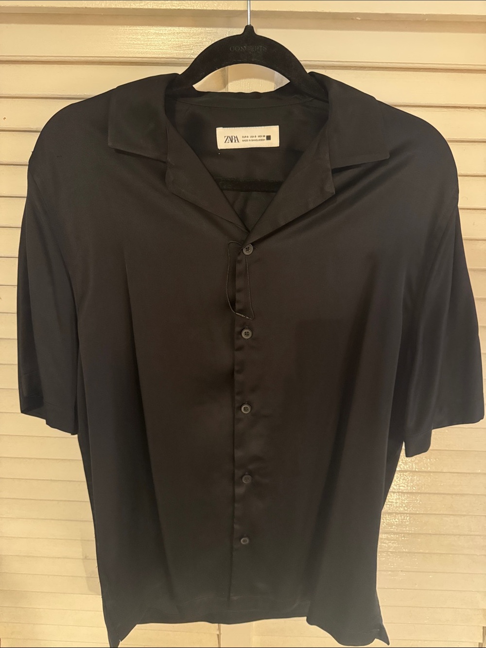 Zara Black Short-Sleeve Satin Button-Down Shirt